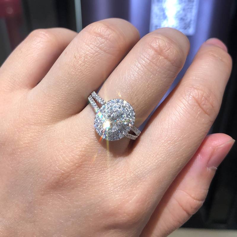 蛋形圆包女戒S925银镀白金定制选款主石莫桑钻1.0ct/副石高碳钻